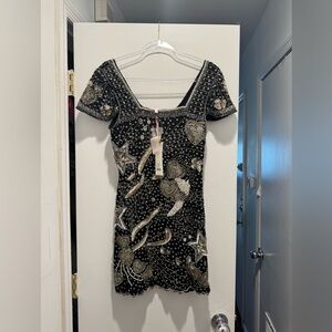 LoveShackFancy Black and Silver Star Embellished Mini Dress